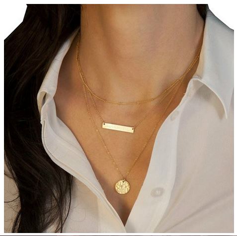 necklace gold layer triple tone layered bar chains jewelry shipped necklaces layering chain pendant name silver three rose personalized simple