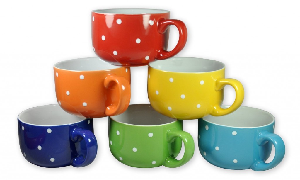 colorful polka dot soup mugs