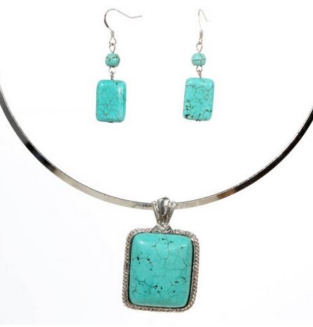 Turquoise Rectangle Pendant Necklace and Earrings Set