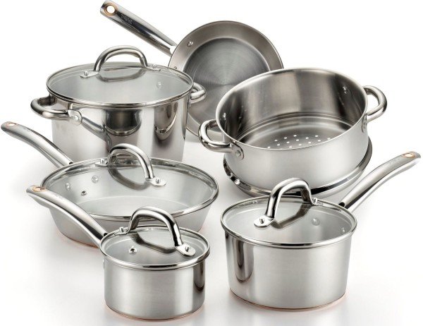 T-fal Ultimate Stainless Steel Copper-Bottom Heavy Gauge Multi-Layer Base Cookware Set, 10-Piece