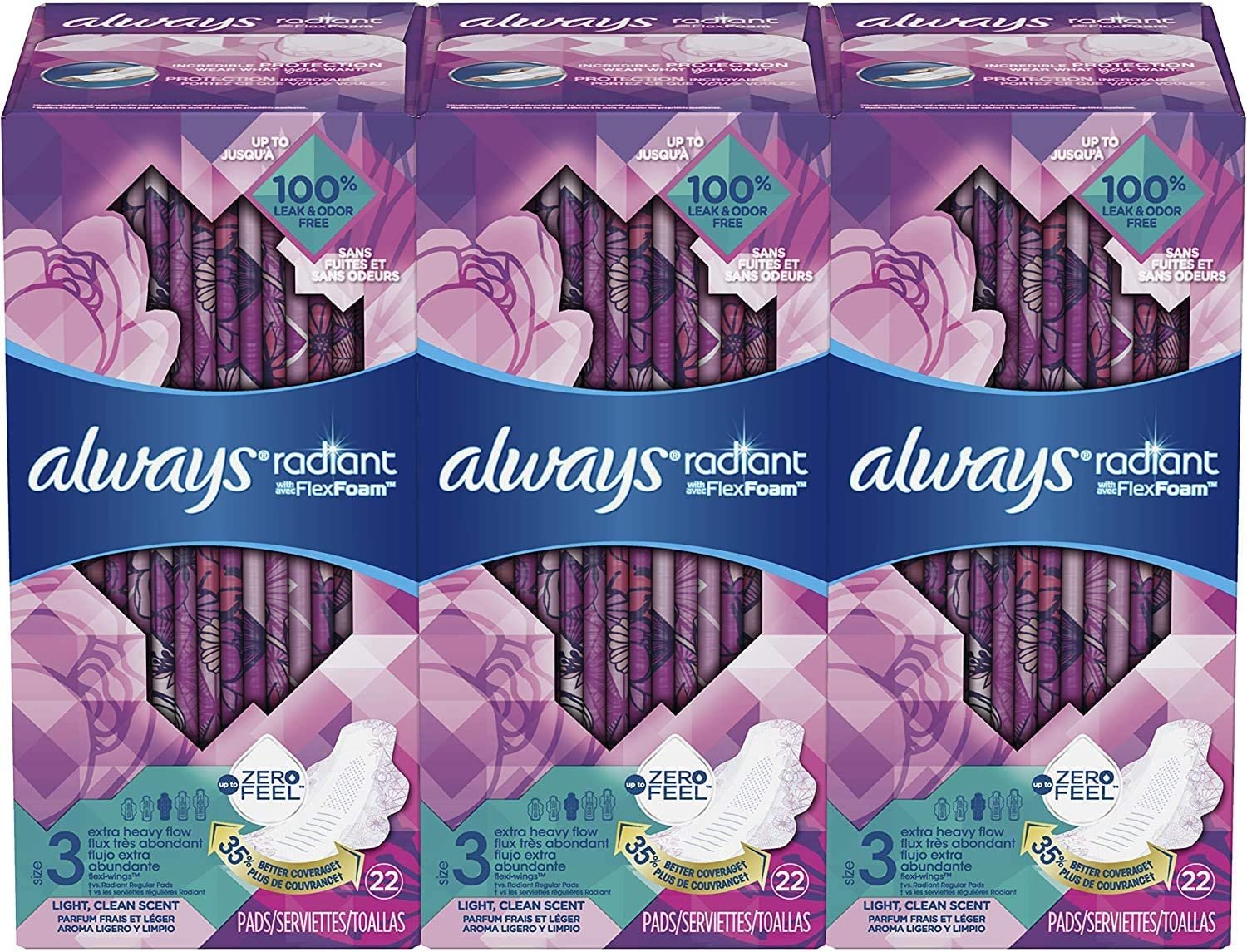 Always Radiant Feminine Pads with Wings, 66 Count as low as 13.35