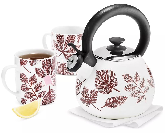 Tea Kettle & Stoneware Mugs Set on Sale