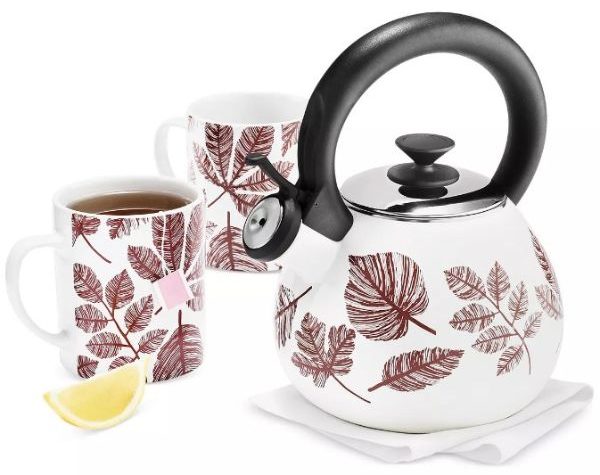 Tea Kettle & Stoneware Mugs Set on Sale