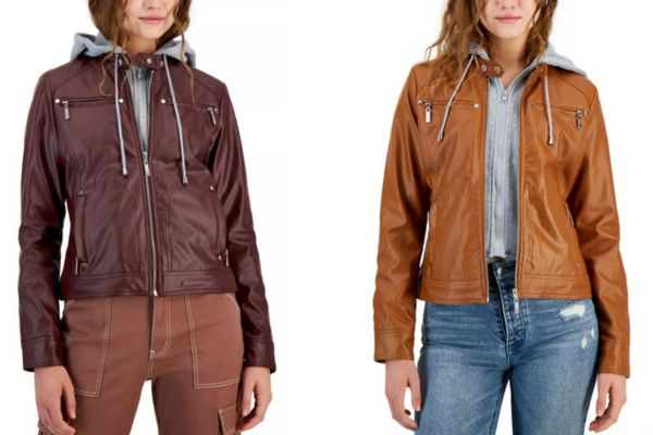 Faux Leather Hooded Moto Jacket on Sale