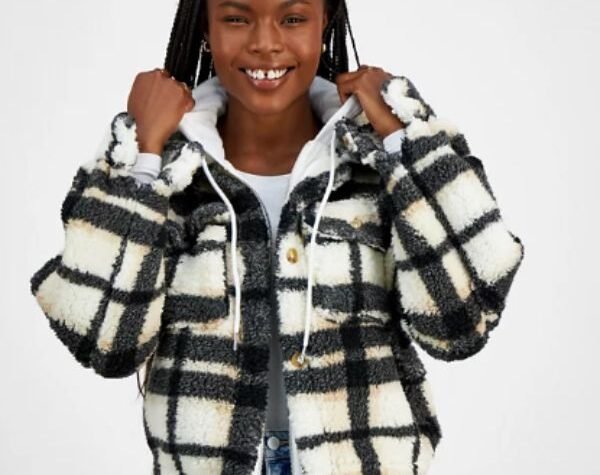 Madden Girl Plaid Sherpa Hoodie Jacket